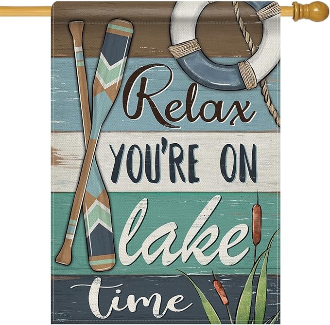 Dyrenson Relax You're on Lake Time 28 x 40 House Flag Double Sided, Spring Summer Lakehouse Paddle Life Buoy Garden Yard Decorations, Farmhouse Burlap Outdoor Decor Decorative Large Flag