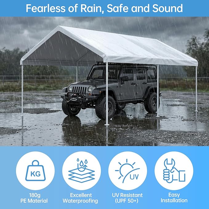 Carport Canopy Replacement Cover, 180G Heavy-Duty PE Fabric Garage Canopy Replacement Cover, 10×20FT Carport Tent, White (Frame not Included)