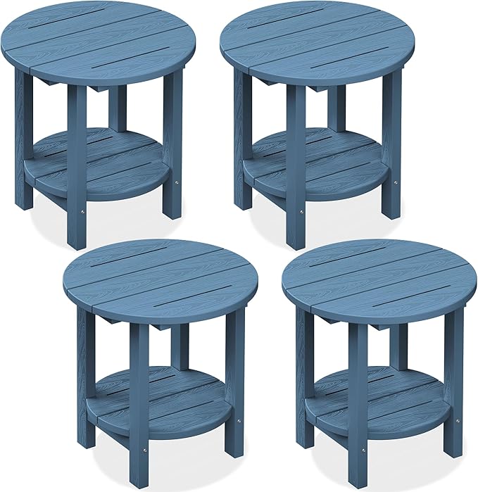 SERWALL Round Outdoor Side Table Set of 4, HDPE Small Adirondack Double End Table, Navy