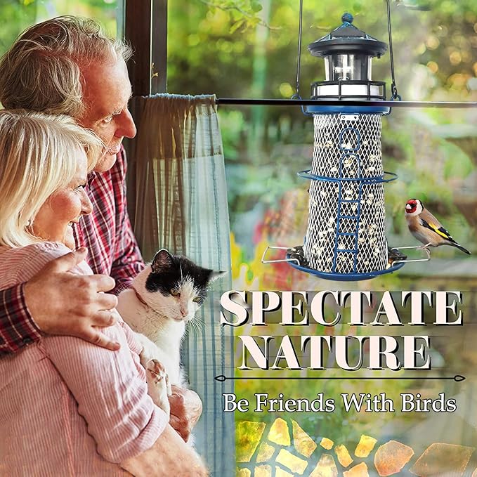 Solar Lighthouse Bird Feeder with Rotating Beacon - 14" Hanging Best Birdfeeder Gifts for Bird Lovers(Space Blue)