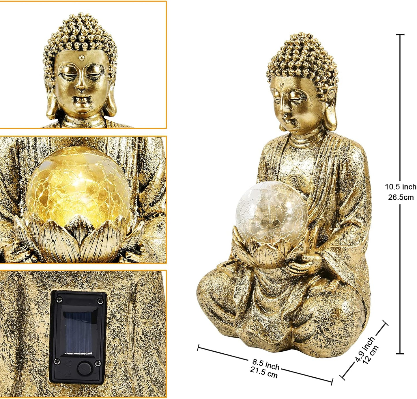 Nacome Meditating Buddha Statue with Solar Light,Zen Solar Garden Buddha with Cracked Glass Ball Sculpture-Indoor/Outdoor Decor for Balcony,Garden,Patio,Porch Yard Art Ornament,10.5 inch(Gold)