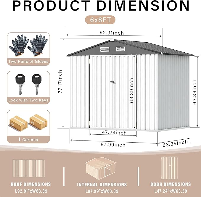 GarveeLife 6x8x6.4 Ft Outdoor Storage Sheds, Metal Garden Tool Shed for Backyard, Large Metal Sheds Outdoor Storage with Lockable Doors & Air Vents for Backyard Garden Patio Lawn