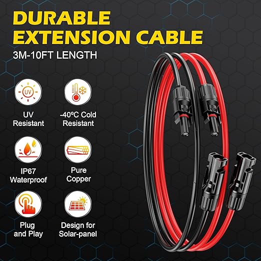 10Ft Solar Cable Solar Extension Cable,10AWG Solar Panel Extension Cable with Female and Male Connectors,Waterproof Solar Extension Cable Kit (Red and Black).