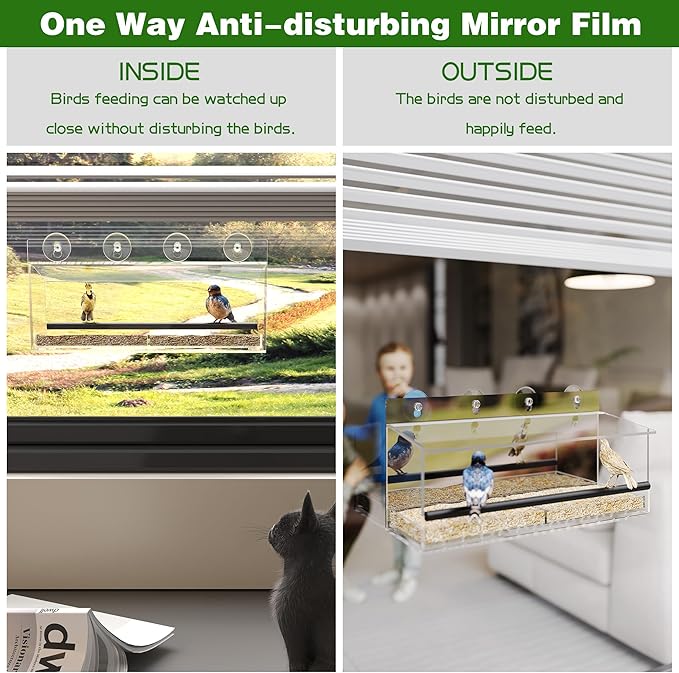 One Way Window Bird Feeder for Outside with 4 Strong Suction Cups, Clear Acrylic Wild Bird House for Cats Viewing, Large Transparent Window Mount Birdfeeder for Bird Lovers Gift