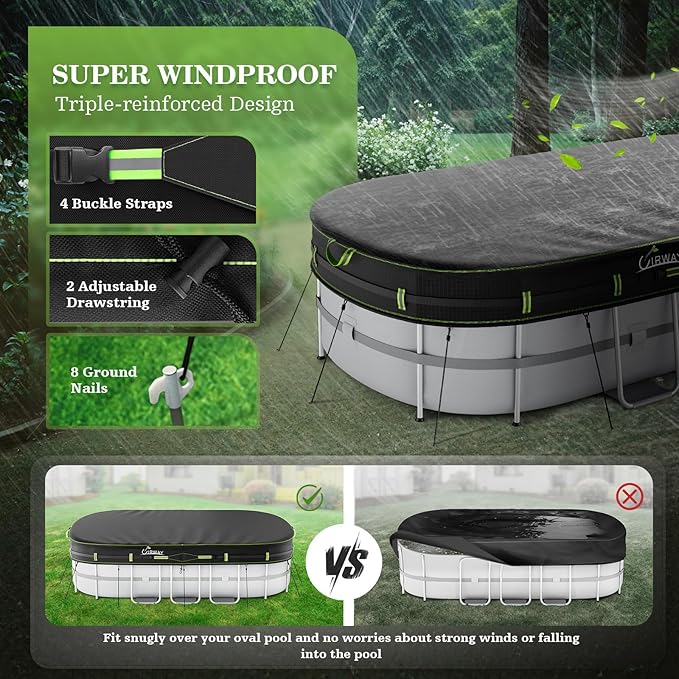UIRWAY 12x21 FT Oval Pool Cover with Reflective Strips for Above Ground Pool, Oval Solar Pool Cover Including Windproof Rope Tie and Luminous Ground Nails, Swimming Pool Cover with 2 Handles