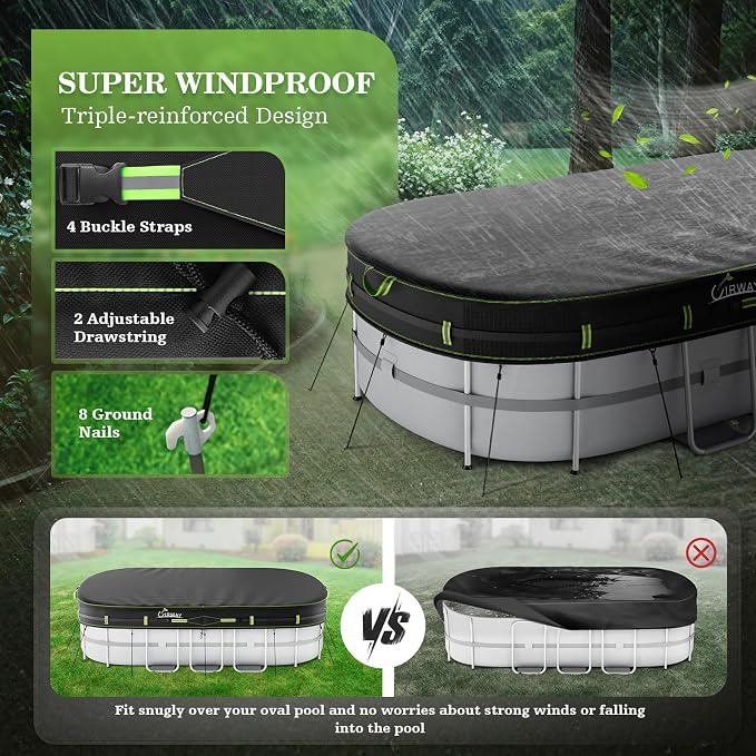 UIRWAY 18x33 FT Oval Pool Cover with Reflective Strips for Above Ground Pool, Oval Solar Pool Cover Including Windproof Rope Tie and Luminous Ground Nails, Swimming Pool Cover with 2 Handles