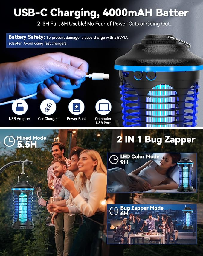Rechargeable Bug Zapper Outdoor Indoor, Mosquito Zapper Cordless with 4000mAh Battery, RGB Light, USB-C Charging, 1/2 Acre Coverage, IPX4 Waterproof, Portable Fly Zapper for Camping, Patio, Garage