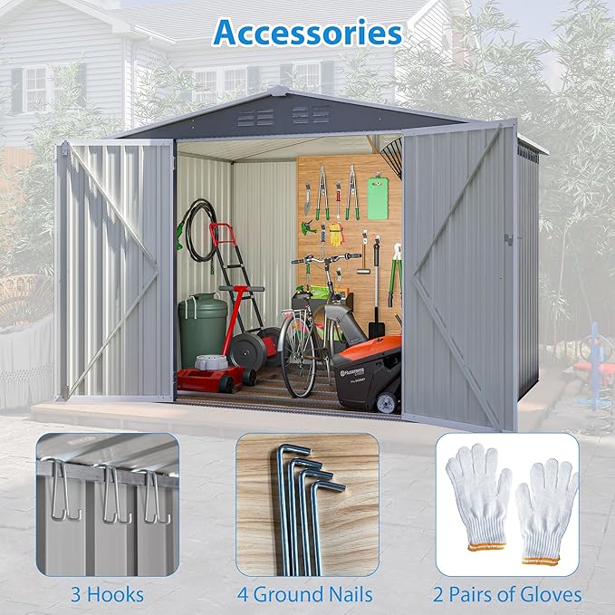 YOPTO 8 x 6 FT Outdoor Storage Shed with Floor Frame,Utility Metal Tool Storage with Lockable Doors,Air Vents & Waterproof Roof, Large Garden Shed for Backyard, Patio Lawn,Gray