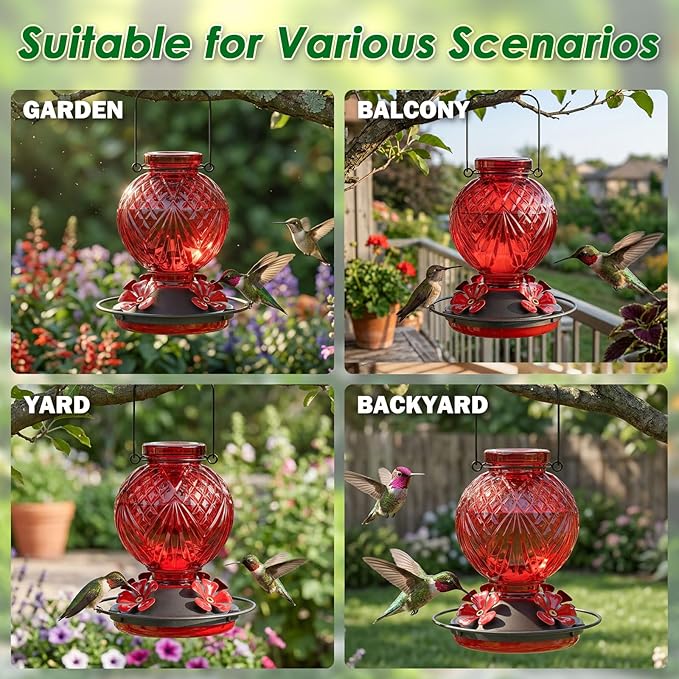 Glass Hummingbird Feeder for Outdoors Hanging, 20oz Bird Nectar Feeder with 4 Bee Guard Flower-Shaped Feeding Ports & Built-in Ant Moat, Easy to Clean, for Bird Lover,2 Pack,Red