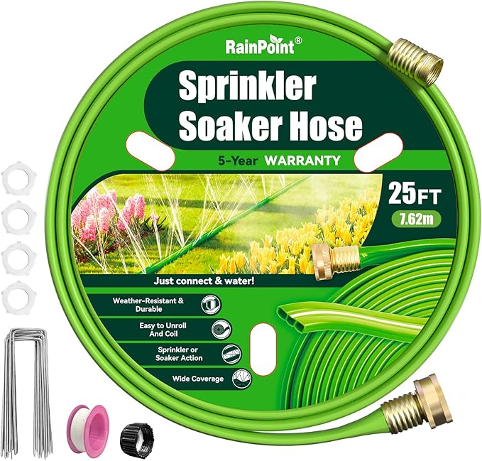RAINPOINT Sprinkler Hose with Holes 25FT, Flat Soaker Hose with Stakes, Lightweight Water Irrigation Sprinklers System for Garden, Lawn and Yard