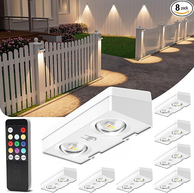 VOLISUN Solar Fence Lights with Remote Control, 50 Lumen LED Fence Lights Solar Powered, IP65 Waterproof, 10 RGB Color Long-Lasting Solar Lights for Backyard Garden Deck Patio Railing (8 Pack)