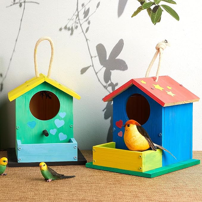 Liliful 8 Pack DIY Wooden Birdhouse Kit, Crafts for Kids and Adults, Bird House with Paint and Paintbrushes Painting Kits for Boys and Girls, Spring Birthday Classroom Gifts for Ages 4-8