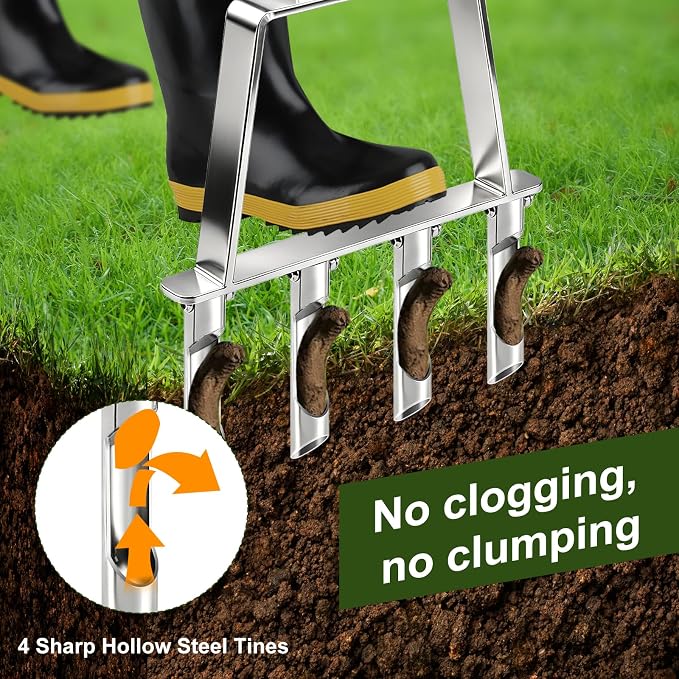 Core Aerator Lawn Tool Manual Lawn Aerator Tool with 4 Hollow Tines Non-Clogging Heavy Duty Plug Aerator for Soil Loosening Lawn Aeration, Revives Lawn Health,Garden Tool