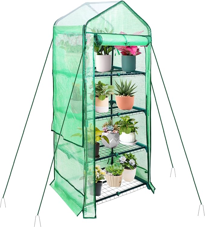 PROWORX 4 Tier Mini Greenhouse for Outdoor Indoor, Double-Layer Roof, Heavy Duty Small Greenhouses with PE Cover, Portable Green Houses for Outside Winter Plant Protection, 64'' H x 27'' L x 20'' W