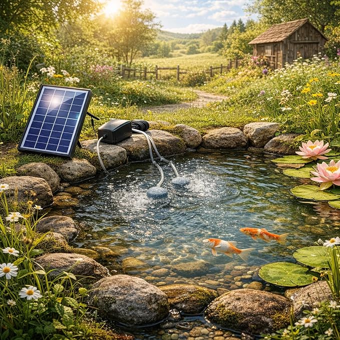 Andoer Pond Oxygenator Solar Powered, Solar Oxygen Pump Aquarium Oxygen Air Pump Fishing Aerator with Pipe 2 Air Bubble Stones for Garden Fish Tank Outdoor Pool Pond (6W)