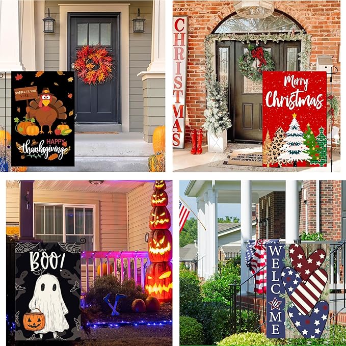 Seasonal Garden Flags Set of 12 Double Sided 12x18 Inch, Small Yard Flags for Outside, Christmas Halloween Easter Valentine's Day Decor, Spring Summer Fall Winter Holiday Garden Decorations