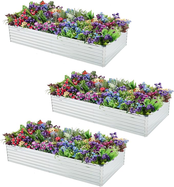 Meberam 3 Pack 6x3x1FT Galvanized Raised Garden Bed Kit, Outdoor Metal Planter Box for Vegetables, Bottomless Rectangular Gardening Bed with Support Rods, Tool-Free Assembly, Silver