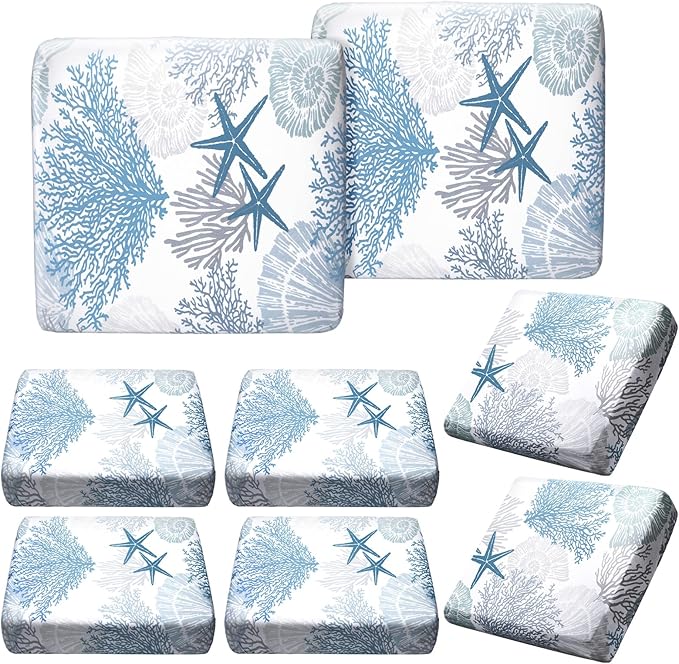 Hosuly 8 Pcs Summer Sofa Cushion Cover Patio Stretch Beach Outdoor Seat Cushions Covers Starfish Seashell Coral Replacement Couch Chair Slipcovers Coastal Sofa Seat Cover Flexibility