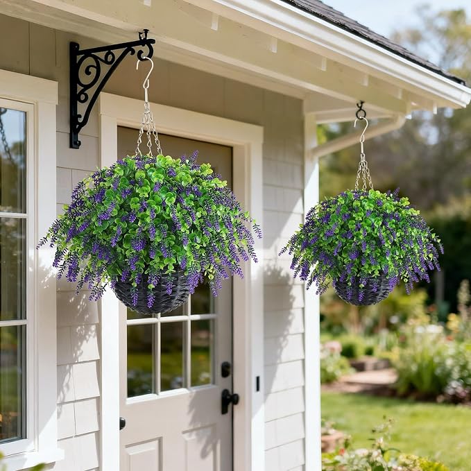 VIERENA Artificial Lavender and Eucalyptus Leaves Hanging Basket - 2 Set for Outdoor Decorations,Fake Flower Hanging Basket UV-Resistant for Porch, Home Garden, Farmhouse, Eaves, Yard Decor