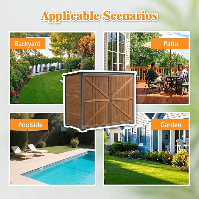 YOPTO Outdoor Wood Storage Cabinet,Garden Shed Tool with Metal Frame Structure and Waterproof Sloping Roof,Backyard Building w/ 3 Compartments & Latch,Furniture for Lawn,50.4"L X 26.8"W X 41"H,Brown