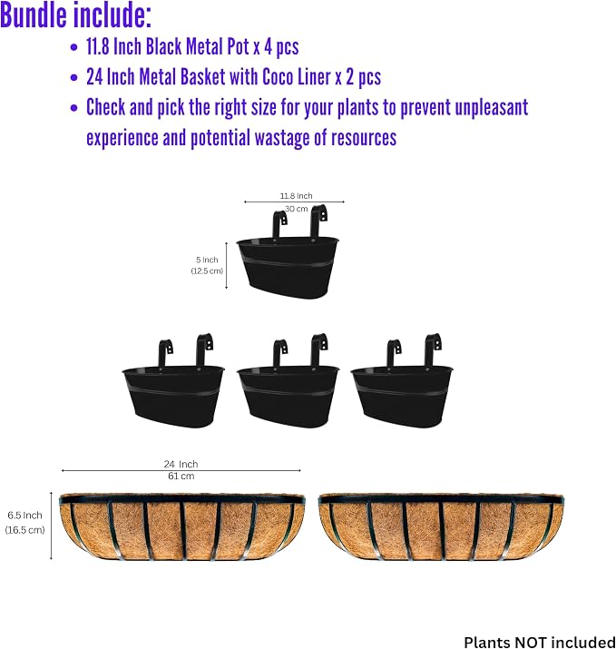 LaLaGreen Bundle- 2 Pack, 24 Inch Metal Basket with Coco Liner + 4 Pack, 11.8 Inch Black Metal Pot Wall Mount Hanging Window Rail Plant Flower Holder Bucket Box Countryside Style Garden Decor Outdoor