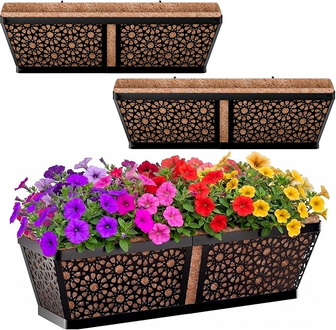 ZeeDix 3 Pack Metal Window Box for Railings, 24 Inch Over Railing Planter Boxes with Coco Liners, Hanging Flower Box Planters for Outdoor Fence Deck Porch Balcony & Patio