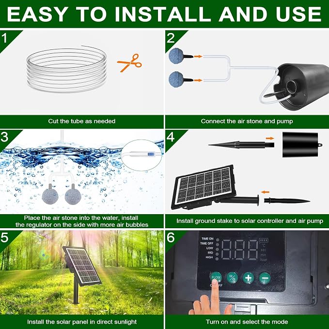 Lewisia 3W Solar Pond Aerator with Timer Air Pump Battery Aeration Kit Air Hoses and Bubble Stones Fish Tank Bubble Oxygenator