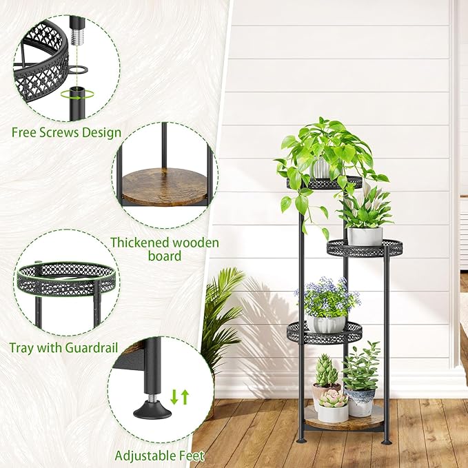 Oppro 4 Tier Plant Stand Indoor Outdoor, Metal Flower Pot Shelf Holder Clearance, Tall Corner Rack for Multiple Plants, Modern Organizer Display for Patio Orchid Office Porch Living Room Garden, Black