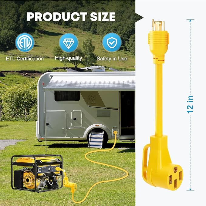Kohree 4 Prong 30 Amp to 50 Amp RV Generator Adapter Cord, NEMA L14-30P to 14-50R Twist Lock Adapter, NEMA L14-30P Twist Lock Plug to 14-50R Receptacle, STW 10 AWG 12", RV Adapter for Trailer Camper
