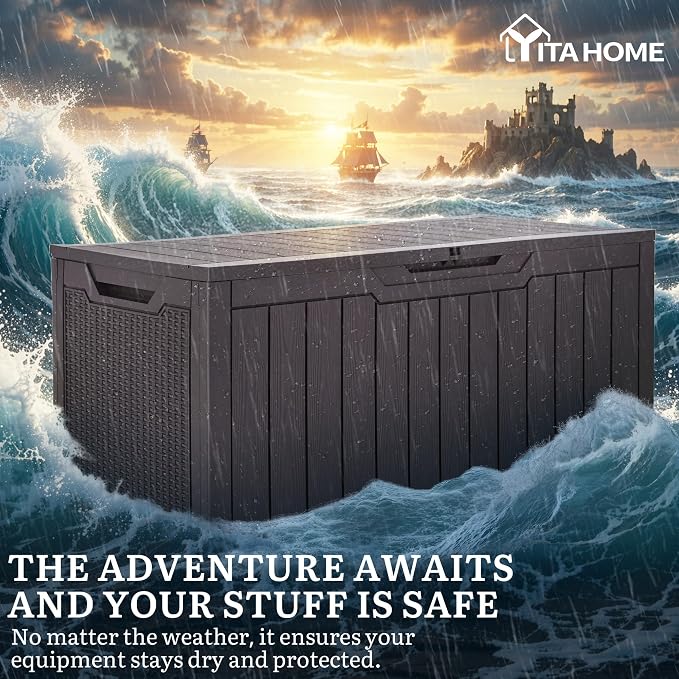 YITAHOME 100 Gallon Large Outdoor Deck Box, Waterproof Resin Storage Box, Lockable Indoor Outdoor Storage Container for Patio Furniture Cushions, Pool Accessories, Garden Tools, Dark Brown
