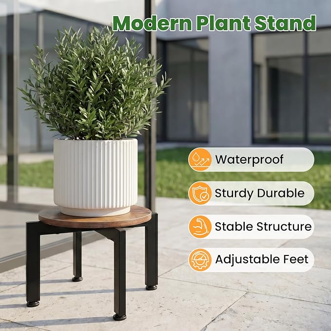 TOSKING Heavy Duty Metal Plant Stand Indoor – Adjustable Leveling Pads, Vintage Brown Wood Tray, Iron Cross Base, Corner-Friendly, Plant Flower Display Shelf, Low Stool for 8-12" Pots, Easy Assembly, Black & Brown (9.8"Dia x 7.7"H)