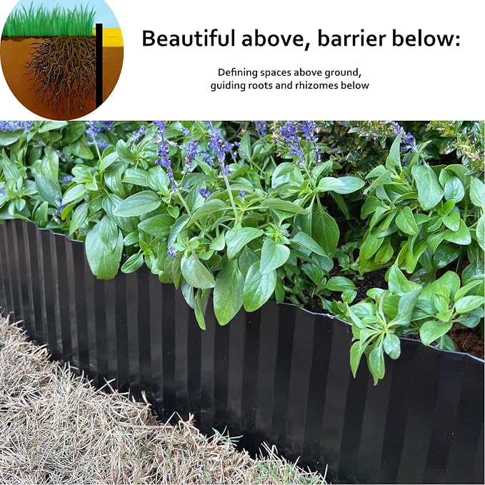 A ANLEOLIFE 20FT Galvanized Steel Landscape Edging Roll, 4" Tall Sturdy Flexible Corrugated Metal Lawn Border for Garden, Pathway & Flower Beds, Black