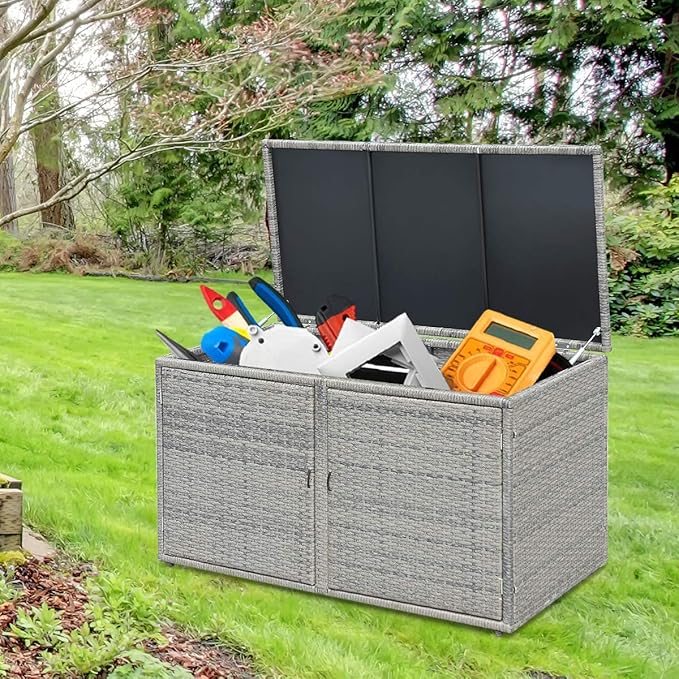 Rattan Storage Box w/2 Shelves, Wicker Storage Bench w/Lid & 2 Openable Doors, Rattan Cabinet Furniture Deck Box, Toys & Tools Cabinets for for Patio, Garden, Balcony, Porch, Yard (Color Gray)