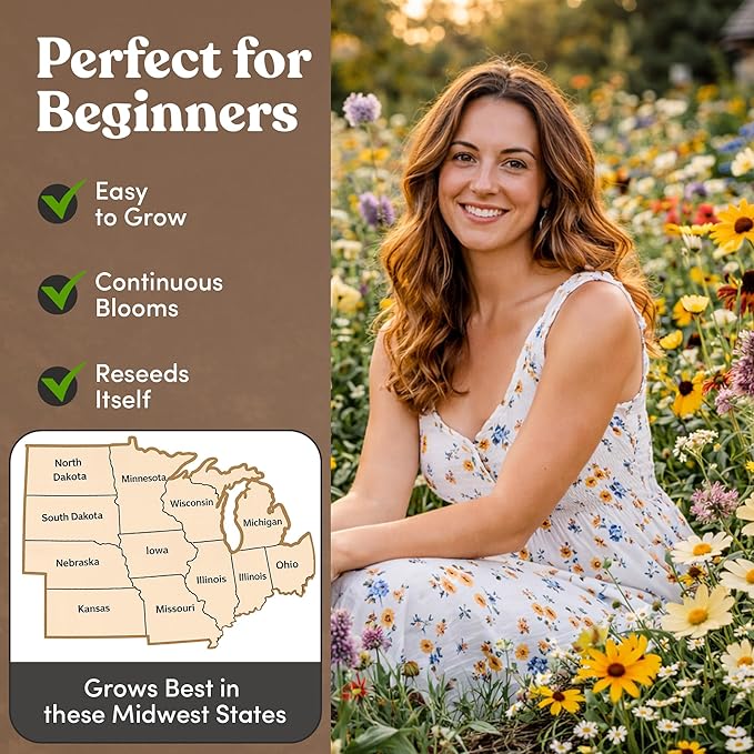 Midwest Wildflower Seeds Regional Mix - Organic, Non-GMO - 100% Pure Seed - 21 Different Wildflowers Seeds of Annual and Perennial, 1 LB Tub