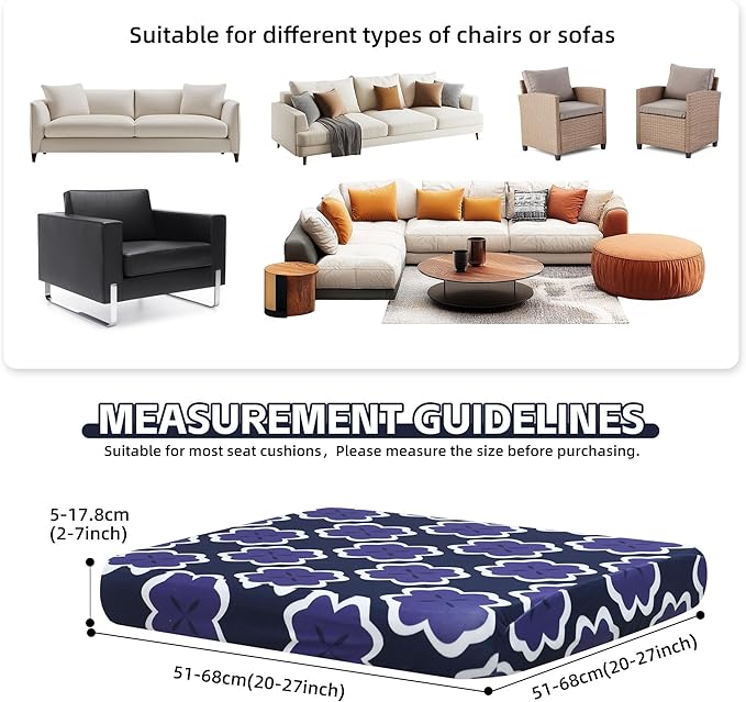 8Pcs Patio Cushion Covers,Outdoor Cushions Covers,Stretch Cushion Covers Replacement, Washable and Reusable Furniture Protectors(Navy Blue Geometric)