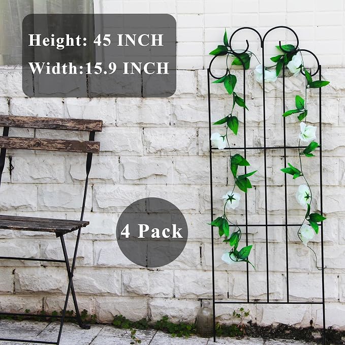 4 Pack Black Garden Trellis 45” x 15.9” for Climbing Plant Rustproof Iron Plant Support Patio Flower Metal Trelli Wire Lattices Grid Panels for Ivy Cucumbers Clematis Roses