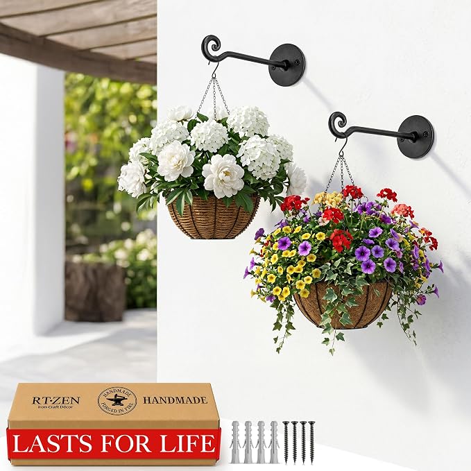 RTZEN Plant Hangers Outdoor or Indoor - Wrought Iron Metal Hanger Indoor Hook - Heavy Duty Wall Bracket Hooks for Hanging Plants Baskets Lanterns Bird Feeders - 2 Pack (Black Swirl Hooks 7.5")