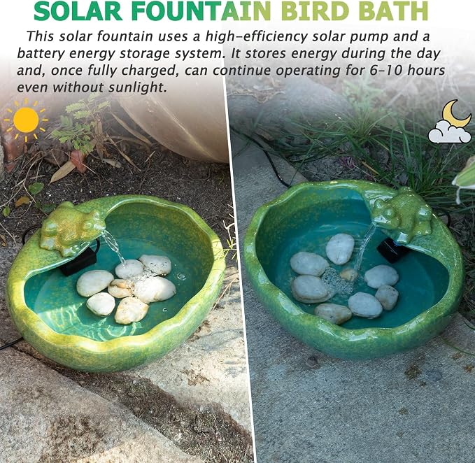 Ceramic Solar Water Fountain with Battery Backup, Solar Powered Water Fountain，Outdoor Water Feature Bird Bath for Garden, Patio & Yard Decor,Working at Night for at Least 6 Hours (Frog).
