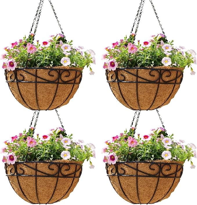EIMQUVW Outdoor Metal Hanging Planters Basket (4pack, 10 inch) Hanging Baskets for Plants Chain Round Wire Plant Holder with Coco Fiber Liners for Garden, Patio, Deck, Porch(Flower Border)
