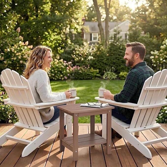 Y&M Outdoor Side Table, HIPS Adirondack Small Double Layer Table, Waterproof Square Outside Table, Balcony Modern End Tables for Patio, Pool, Beach, Porch, Deck, Indoor or Outdoor Use, Brown