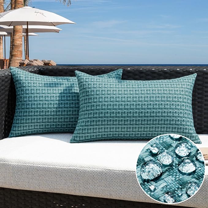 Kevin Textile Outdoor Waterproof Throw Pillow Covers Pack of 2 Boho Farmhouse Decorative Lumbar Cushion Covers for Garden Patio Tent Balcony Bench Couch Sofa 14x24 Inch, Teal