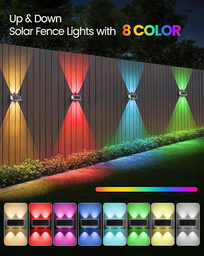 Bridika Solar Fence Lights, 8 Pack Up and Down Solar Lights Outdoor Waterproof, 8 Colors Lens LED Dusk to Dawn Wall Lights for Fence, Patio, Deck, Backyard, Garden White