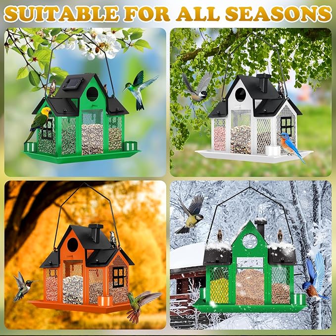 YYWMWM Solar Bird Feeders House for Outside Hanging, Metal Wild Bird Feeder for Outdoors, Large Cardinal Bird Feeder Birdhouses Green