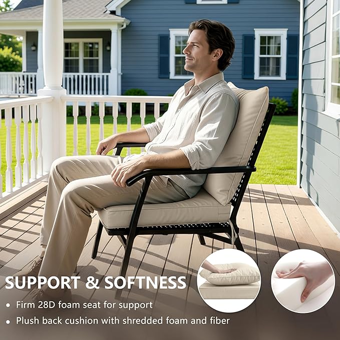 19x19 Inch Patio Chair Cushions Set of 2, Outdoor Furniture Cushions - Removable Cover, Water-Repellent, Fade-Resistant, Non-Slip Bottom & Straps, Replacement for Lawn, Porch & Deck Chair - Cream
