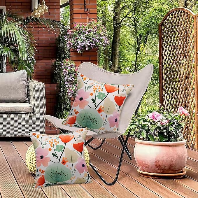 Floral Outdoor Throw Pillow Covers 18x18 Waterproof Colorful Summer Spring Garden Decorative Square Patio Pillows Outdoor Pillows Covers for Patio Furniture Set of 2 (No Pillow Insert)