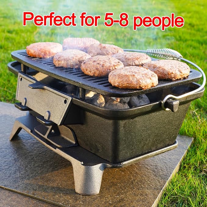 IRONMAX Large Hibachi Grill Outdoor, Portable Charcoal Grill and Tabletop Cast Iron Skillet, 100% Cast Iron, Durable, Camping Grill Grate 16.5" x 10.2" - Coal Door, Draft door
