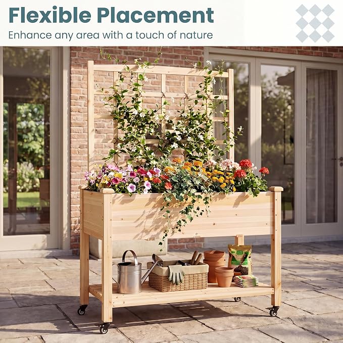 HAPPYGRILL Wooden Raised Garden Bed with Trellis, 65'' Elevated Planter Box w/Legs on Wheels, Liner & Drainage Holes for Climbing Plant Vegetable Flower, Outdoor Garden Box for Backyard Balcony (2)