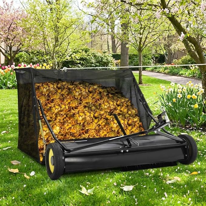 Garvee 44" Tow-Behind Lawn Sweeper – 26 cu.ft. Large-Capacity Pull-Behind Grass & Leaf Collector, Heavy-Duty Adjustable Height, Dumping Rope Design for Easy Debris Disposal, Fits Tractors & ATVs
