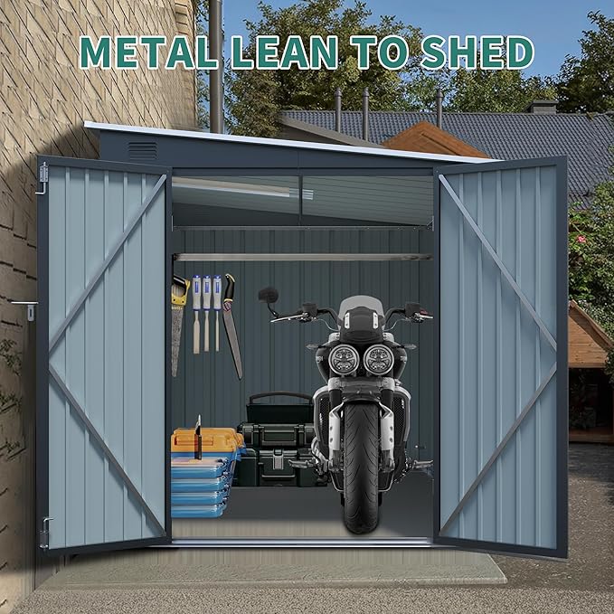 YOPTO 6x8 FT Lean to Outdoor Storage Shed,Metal Shed W/Translucent Panel,Garden Tool Storage House W/Air Vents,Lockable Double Doors & Sloped Roof,for Backyard,Patio,Lawn,Carbon Black