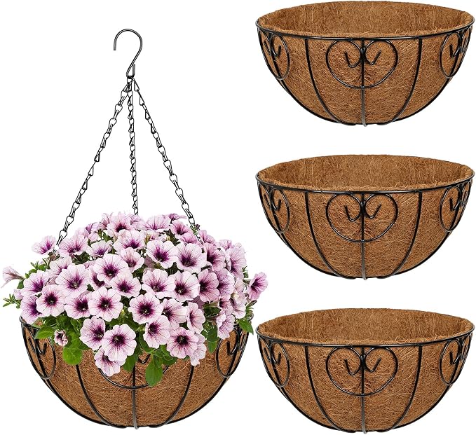12 inch Metal Hanging Baskets for Plants Outdoor, 4 Pack Metal Wire Hanging Basket Planter with Coco Liner Flower Pots for Indoor Outdoor Garden Porch Patio, Heart-Shaped